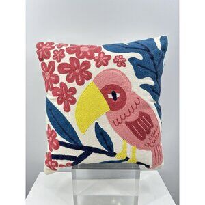 Chelsea & Theodore Embroidered Tucan Floral Cotton Throw Pillow 17”x18”